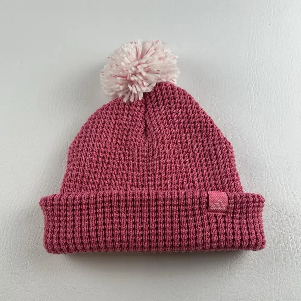 Adidas Pink Pom Pom Beanie Women’s Knit Cuffed Winter Hat Logo